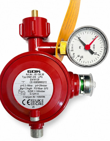 GOK Gasdruckregler mit Manometer für LPG / Propangas – 29 mbar